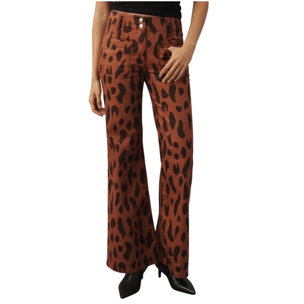 Maeve by Anthropologie Junie Flare Pants Brown Leopard Print High Rise Size 27